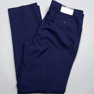 Ralph Ralph Lauren Stretch Wool Navy Blue Plaid Pleated Suit Pants Open Hem 40